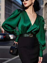 Womens Solid-Color V-Neck Silk Satin Long-Sleeve Shirt