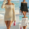 French-style Minimal Luxe Off-Shoulder Seaside Vacation Solid-Colored Hollow-Out Sheath Dress