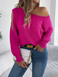 Women Casual Solid Color Hollow Out Off-Shoulder Long Sleeve Pullover Sweater