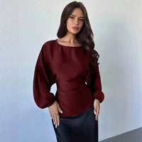 Casual Round Neck Lace-up Waist Shirt For Women