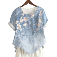 Retro Cotton And Linen Printed Loose Casual Shirt Short-sleeved T-shirt For Women