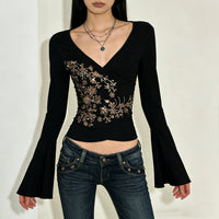 Womens Retro American-Style Printed V-Neck Flare-Sleeve Shirt