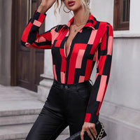 Womens Versatile Geometric-Print Long-Sleeve Blouse