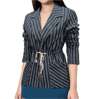 Womens Striped Printed Coat With Long Sleeves Defined Waist And Tie-Back Design