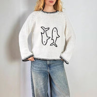 Color-block Crew-neck Retro Embroidered Loose-fitting Pullover Sweater