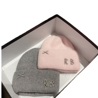 Winter RB Letter Fashion Rabbit Fur Knitted Warm Hat Female