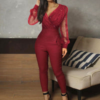Zipper Solid Color V-neck Lace Long-sleeved Slim Black Wine Red Slimming Jumpsuit Women In Stock