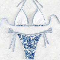 Blue And White Porcelain Printed Exercise Bikini Open Back Swimsuit Suit