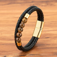 Fashionable All-Match Stainless Steel Genuine Leather Double-Braided Leather Cord Bracelet