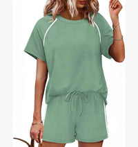 Womens Round-Neck Short-Sleeve Casual Shorts Two-Piece Set