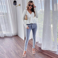 Women's V-neck Ruffled Peplum Waist-cinching Knit Long-sleeve Crop Top