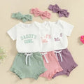 Girls' Letter Print Short-sleeve Romper Shorts Headscarf Three-piece Set