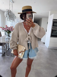 Short Thick Needle Bow Bandage Reverse Cardigan Jacket
