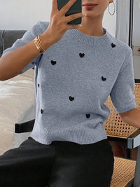 Womens Crew-Neck Pullover Heart Jacquard Knitted Sweater