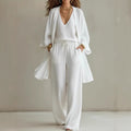 Womens Solid Color V-Neck Cardigan Vest With Pockets And Long Pants Three-Piece Set