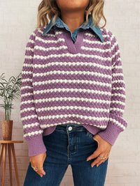 Women's Denim Patchwork Lapel Knitted Stripe Color Block Fake Two-piece Sweater