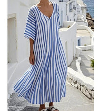 Fashionable Womens Striped-Neck Short-Sleeve Loose Plus-Size Dress