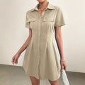 Mid-length Designer-style Pleated Waist-cinched Shirt Dress With A Lapel Collar