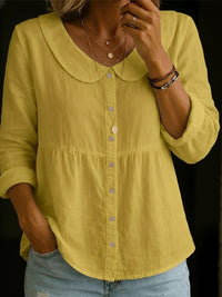 Summer New Peter Pan Collar Linen-Cotton Solid Color Shirt Womens Loose Slimming Three-Quarter Sleeve Casual All-Match Top