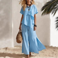 Casual Asymmetrical Short-sleeve Top And Slit Wide-leg Pants Set