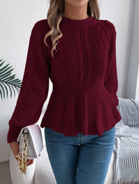 Women Solid Color Cable Knit Cinched Waist Ruffled Long Sleeve Pullover Sweater