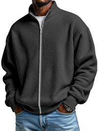 Mens Minimalist Solid-Color Waffle-Weave Stand-Up Collar Zip-Up Jacket