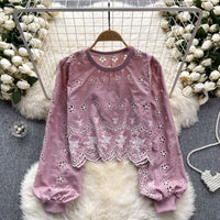Hollow-out Slim-fit Short Age-reducing Puff Sleeve Top