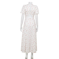 French-style Crewneck Floral Dress With Puff Sleeves And A Backless Design
