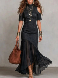 Off-shoulder Short-sleeve Mesh-hem Dress