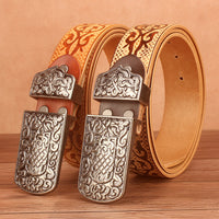 Ethnic Style Waistband Head Layer Cowhide Mongolia Auspicious Pattern Embossed
