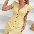 Women's Elegant Striped V-Neck Dress With Puff Sleeves