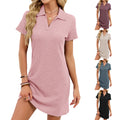 Solid-color Lapel Loose-fitting Short-sleeve T-shirt Dress For Women