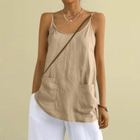 Cotton And Linen Camisole Womens Loose-Fitting Top With Pockets