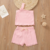 Summer Newborn Baby Cute Infant One Shoulder Solid Knit Sleeveless Vest Tops Shorts 2pcs