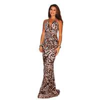 Womens Fashion Leopard-Print Sexy Bodycon Backless Halterneck Dress