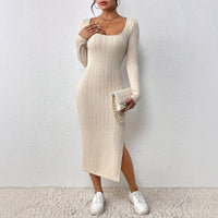 Threaded New Style Square Neckline Defined Waist Slit Long Sleeve Dress For Women