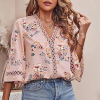 Loose V-neck Elegant Commuting Bell-sleeve Lace Top