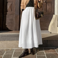 White Cotton Linen A- Line Skirt Loose High Waist Half-length