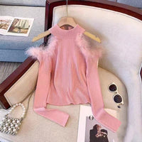 Women's Half-turtleneck Stitching Hollow Out Shoulder-baring Knitwear Top
