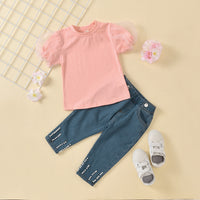 Lace Top And Beaded  Pocket Jeans Suit