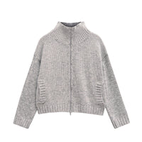 Spring Zipped Stand Collar Short Long Sleeve Knitted Coat
