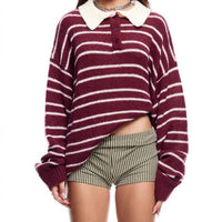 American Retro Preppy-Style Color-Block Striped Lapel Knit Sweater