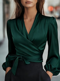 Womens Solid-Color V-Neck Elegant Satin-Bonded Shirt