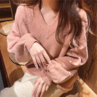 Female Pure Color All-matching Loose V-neck Sweater