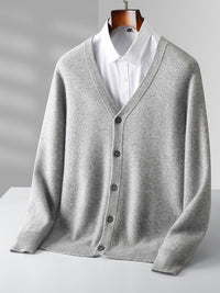 Pure Wool Cardigan Men's V-neck Solid Color Long Sleeve