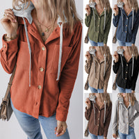 Lapel Buckle Cardigan Pouch Hooded Drawstring Striped Coat