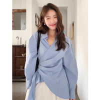 Korean-style Designer Belted Striped Shirt With A Cinched Waist