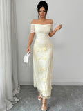 A New Elegant And Three-dimensional Floral Fabric Spliced Off-the-shoulder, Figure-hugging Mesh Mid-length Dress For Women In Summer