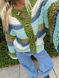 Ladies Striped Thick Needle Button Cardigan Sweater