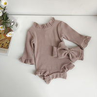 New Infant Autumn Sunken Stripe Romper Hair Band Set Baby Girl One-piece Tights